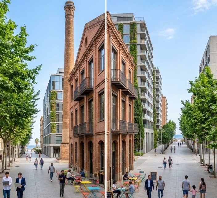 Vistas de la Rambla, fincas históricas y vida vecinal en El Poblenou, Barcelona